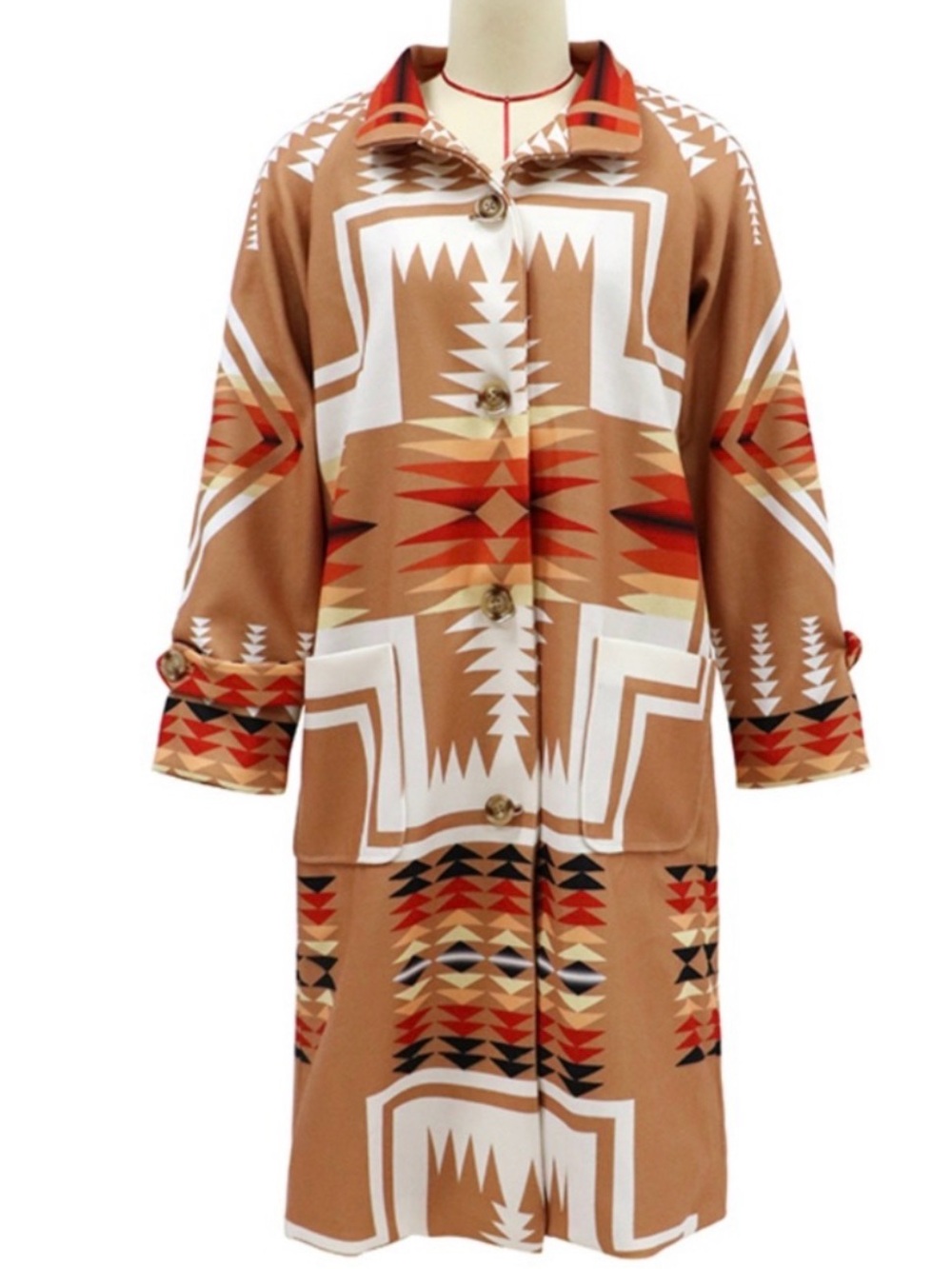 Southwest Print Button-Front Coat in Camel, White & Rust